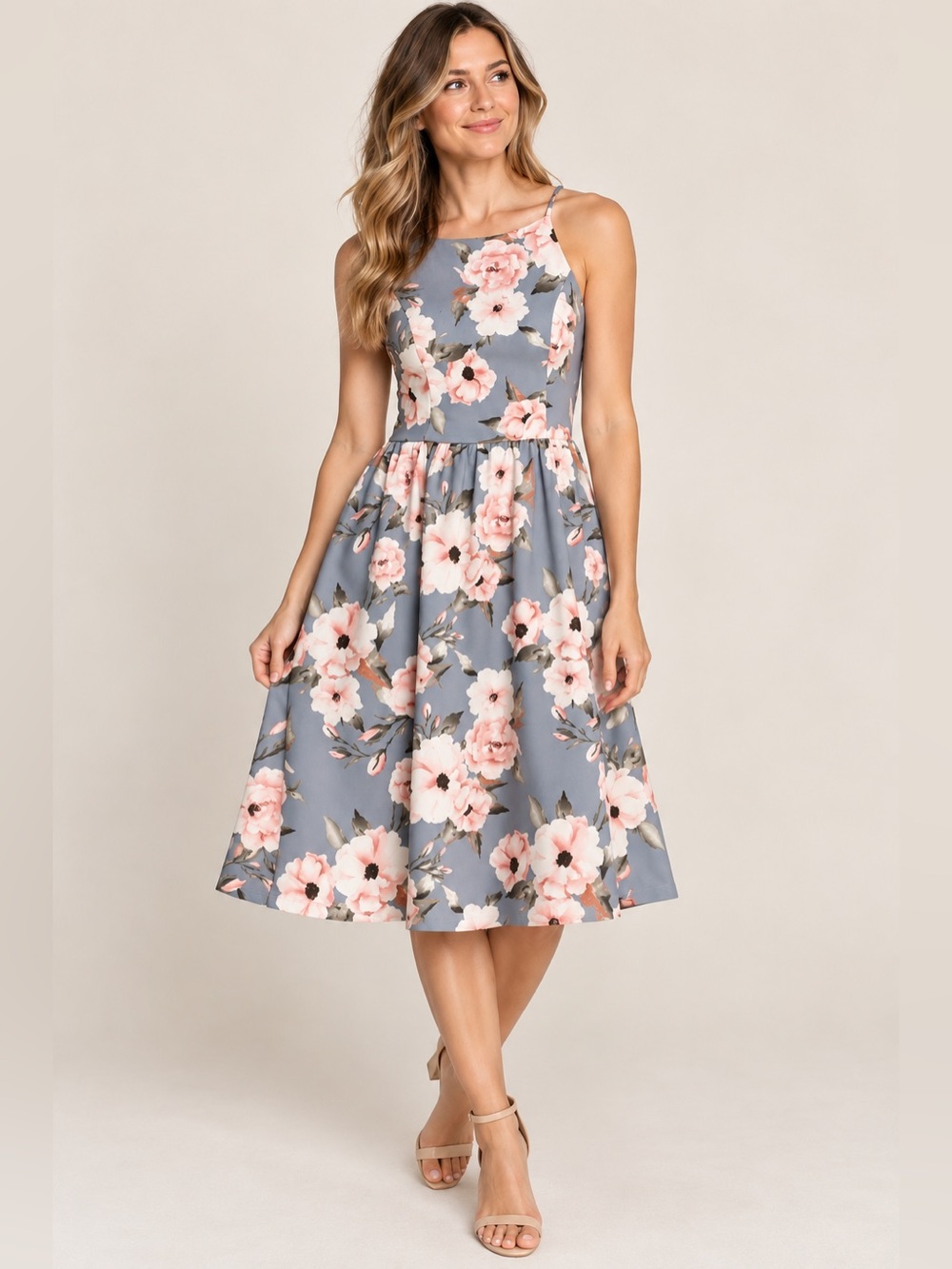 AQUA Gray Pink Floral Fit & Flare Midi Dress Size Small Feminine Romantic